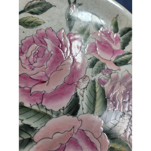 Pink Roses Plate Crackled Vintage Green Leaves Enameled 10.25''D Decorative - Picture 5 of 7